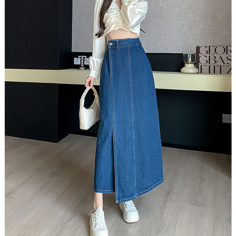 Koreai stílusú farmerszoknya Női tavaszi és őszi akadémiai stílusú magas derekú, retró, csípőt takaró, karcsúsító dizájn, Sense Niche A-vonalú szoknya