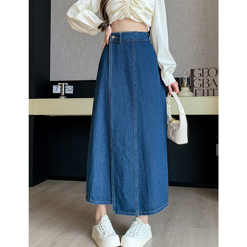 Koreai stílusú farmerszoknya Női tavaszi és őszi akadémiai stílusú magas derekú, retró, csípőt takaró, karcsúsító dizájn, Sense Niche A-vonalú szoknya
