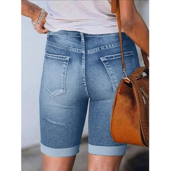 Euroopa ja Ameerika stiilis naiste pluss-suuruses vabaaja pestud venivast materjalist teksariidest lühikesed püksid, kõrge vöökohaga, tänavastiilis, salendavad, mitmekülgsed ja moekad