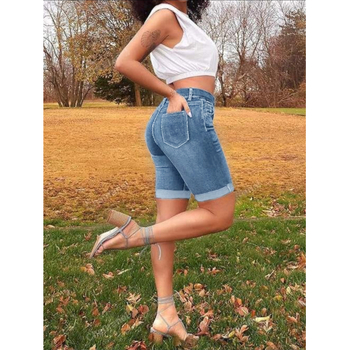 Euroopa ja Ameerika stiilis naiste pluss-suuruses vabaaja pestud venivast materjalist teksariidest lühikesed püksid, kõrge vöökohaga, tänavastiilis, salendavad, mitmekülgsed ja moekad