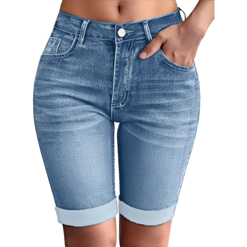 Euroopa ja Ameerika stiilis naiste pluss-suuruses vabaaja pestud venivast materjalist teksariidest lühikesed püksid, kõrge vöökohaga, tänavastiilis, salendavad, mitmekülgsed ja moekad