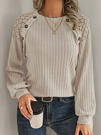 Határokon átnyúló külkereskedelem Európa és az Egyesült Államok téli új egyszínű hosszú ujjú ingázó csipkevarrásos kötött kerek nyakú póló Amazon robbanás