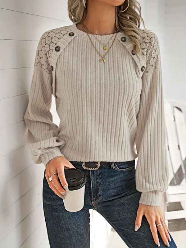 Határokon átnyúló külkereskedelem Európa és az Egyesült Államok téli új egyszínű hosszú ujjú ingázó csipkevarrásos kötött kerek nyakú póló Amazon robbanás