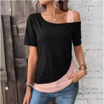 2024 nyári új, Amazon által forgalmazott, európai és amerikai divatos, aszimmetrikus gallérral és vállvarrással ellátott póló 9223