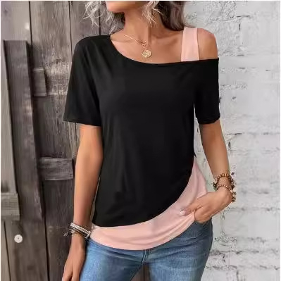 2024 nyári új, Amazon által forgalmazott, európai és amerikai divatos, aszimmetrikus gallérral és vállvarrással ellátott póló 9223