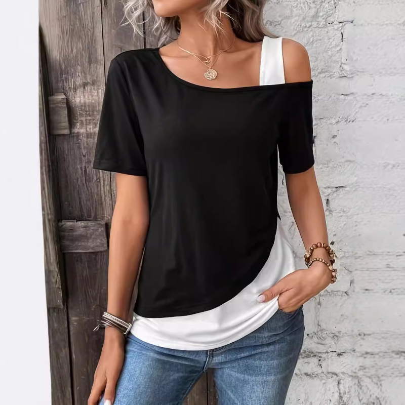 2024 nyári új, Amazon által forgalmazott, európai és amerikai divatos, aszimmetrikus gallérral és vállvarrással ellátott póló 9223