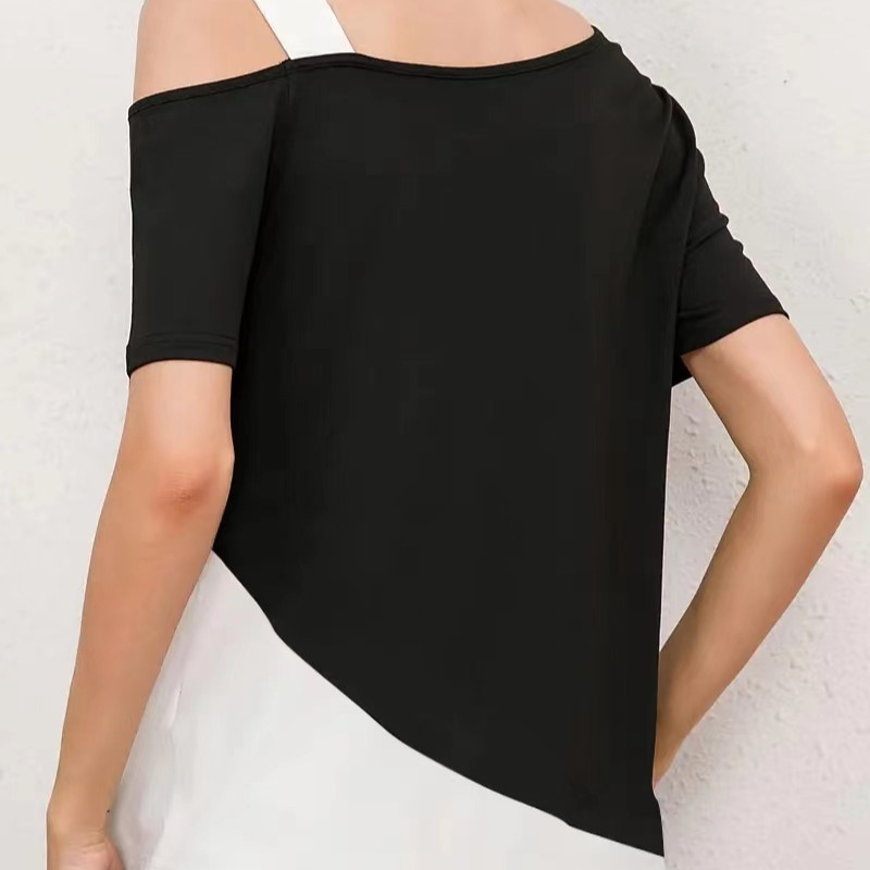 2024 nyári új, Amazon által forgalmazott, európai és amerikai divatos, aszimmetrikus gallérral és vállvarrással ellátott póló 9223