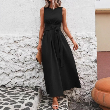 25-ös méretű, határokon átnyúló, alkalmi, egyszínű, kerek nyakú, csavart derekú, ujjatlan, bő ingázós ruha, nyári, hétköznapi viselet