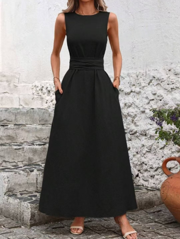 25-ös méretű, határokon átnyúló, alkalmi, egyszínű, kerek nyakú, csavart derekú, ujjatlan, bő ingázós ruha, nyári, hétköznapi viselet