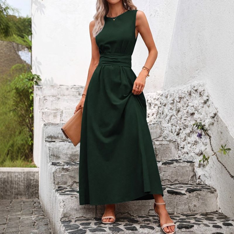 25-ös méretű, határokon átnyúló, alkalmi, egyszínű, kerek nyakú, csavart derekú, ujjatlan, bő ingázós ruha, nyári, hétköznapi viselet