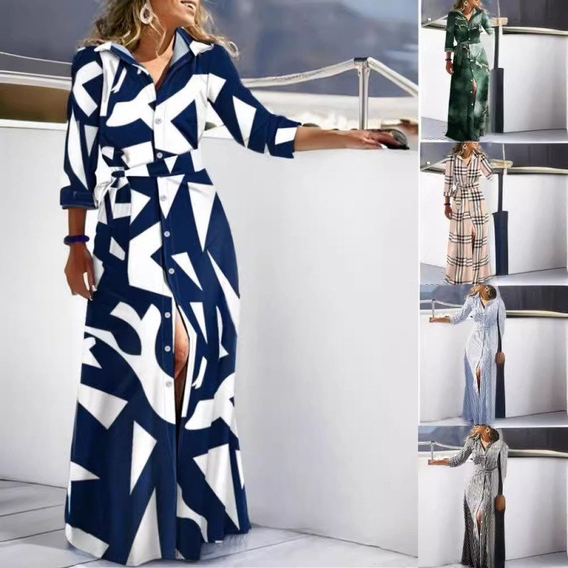 Fűzős ingruha Etnikai stílusú afrikai népszerű női hosszú szoknya hosszú ujjú gombos öves ingszoknya