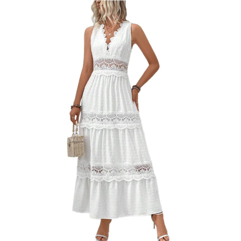 Határokon átnyúló, 2025-ös Amazon Európa és az Egyesült Államok nyári új VCAY női csipkevarrásos, V-nyakú, ujjatlan ruha