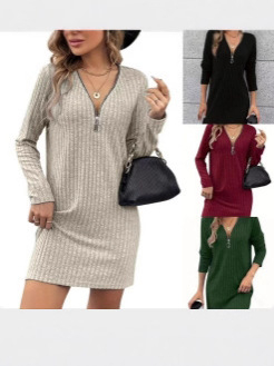 Határokon átnyúló európai és amerikai divat Elegáns tavaszi és őszi V-nyakú, cipzáras, csíkos női ruha