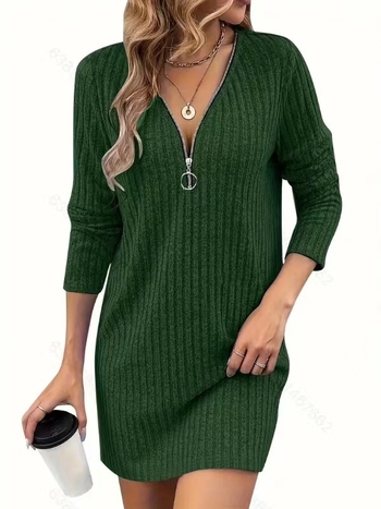 Határokon átnyúló európai és amerikai divat Elegáns tavaszi és őszi V-nyakú, cipzáras, csíkos női ruha