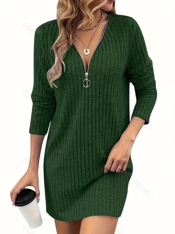 Határokon átnyúló európai és amerikai divat Elegáns tavaszi és őszi V-nyakú, cipzáras, csíkos női ruha