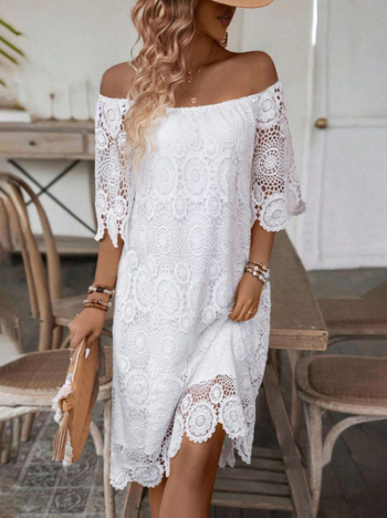 Amazon határokon átnyúló tavaszi és nyári új ünnepi vízben oldódó csipke egyvállas, váll nélküli hétköznapi ruha