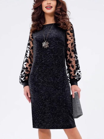 Piiriülene Euroopa ja Ameerika Ühendriikide uus pikkade varrukatega võrkkangast hõbedase pulberõmblusega kleit, ümara kaelusega, elegantne ja moekas kvaliteetne seelik.