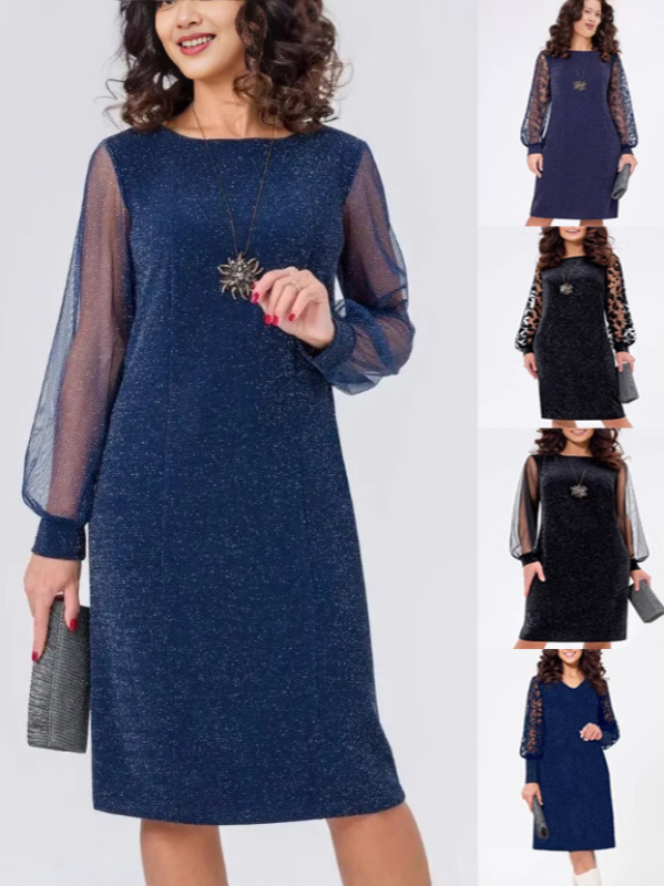 Piiriülene Euroopa ja Ameerika Ühendriikide uus pikkade varrukatega võrkkangast hõbedase pulberõmblusega kleit, ümara kaelusega, elegantne ja moekas kvaliteetne seelik.