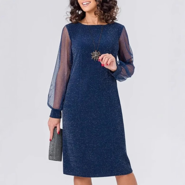 Piiriülene Euroopa ja Ameerika Ühendriikide uus pikkade varrukatega võrkkangast hõbedase pulberõmblusega kleit, ümara kaelusega, elegantne ja moekas kvaliteetne seelik.