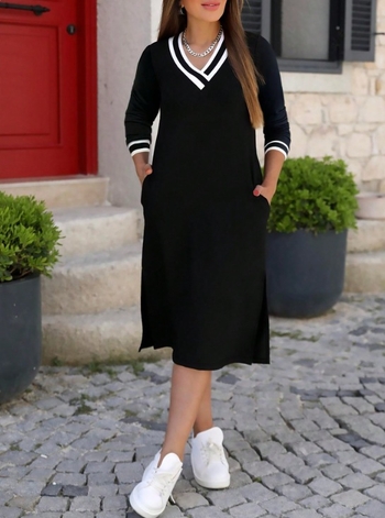 Európai és amerikai, határokon átnyúló, Amazonon eladott divatos női nyári, bő, egyszerű, V-nyakú, hosszú ujjú, szoknyás, hasított ruha