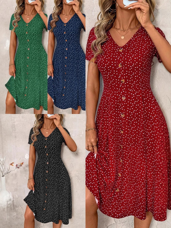 2025-ös európai és amerikai határokon átnyúló nyári új divatos pöttyös női ruha szexi V-nyakú, gombos, rövid ujjú, pöttyös