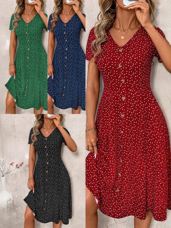 2025-ös európai és amerikai határokon átnyúló nyári új divatos pöttyös női ruha szexi V-nyakú, gombos, rövid ujjú, pöttyös