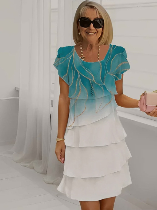 2025-ös új nyári Amazon független állomású európai és amerikai határokon átnyúló női rövid ujjú, kerek nyakú, réteges sifon ruha