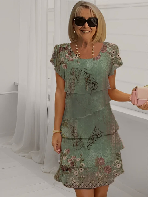 2025-ös új nyári Amazon független állomású európai és amerikai határokon átnyúló női rövid ujjú, kerek nyakú, réteges sifon ruha