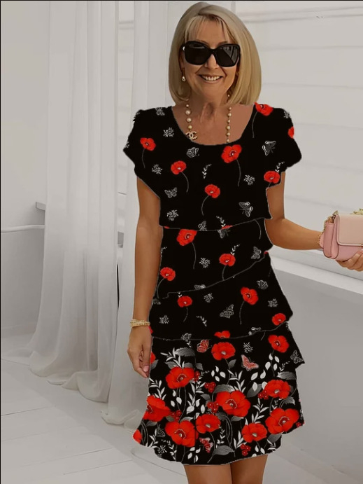 2025-ös új nyári Amazon független állomású európai és amerikai határokon átnyúló női rövid ujjú, kerek nyakú, réteges sifon ruha