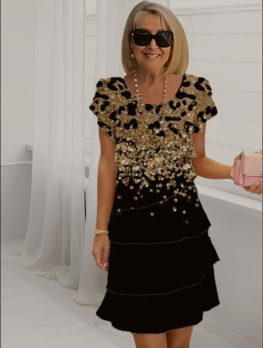 2025-ös új nyári Amazon független állomású európai és amerikai határokon átnyúló női rövid ujjú, kerek nyakú, réteges sifon ruha