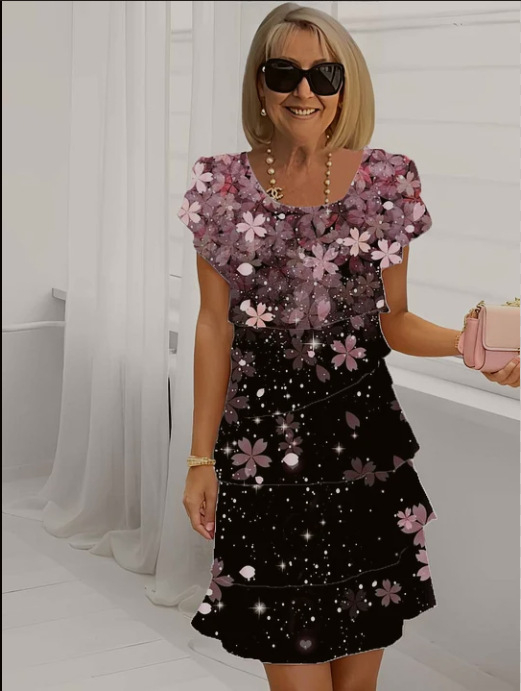 2025-ös új nyári Amazon független állomású európai és amerikai határokon átnyúló női rövid ujjú, kerek nyakú, réteges sifon ruha