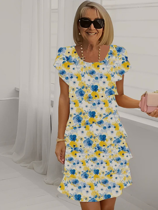 2025-ös új nyári Amazon független állomású európai és amerikai határokon átnyúló női rövid ujjú, kerek nyakú, réteges sifon ruha