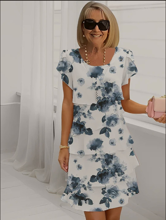 2025-ös új nyári Amazon független állomású európai és amerikai határokon átnyúló női rövid ujjú, kerek nyakú, réteges sifon ruha