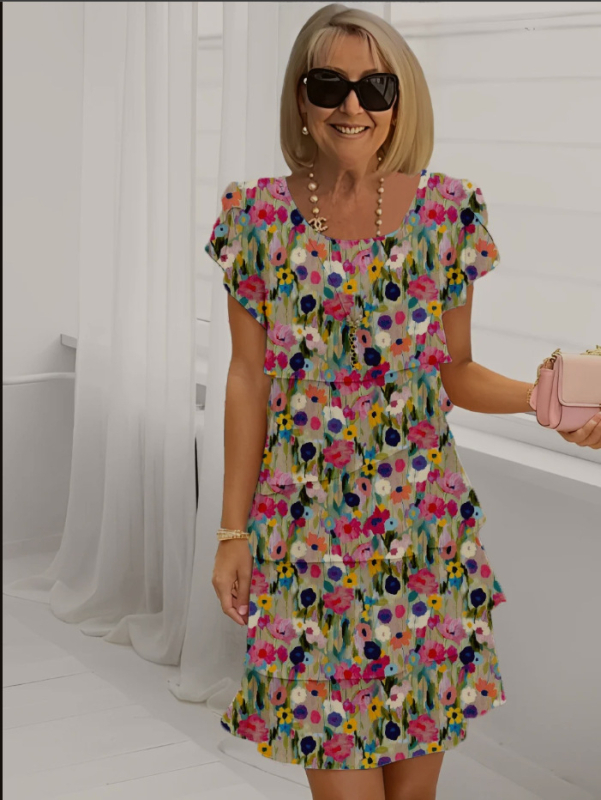 2025-ös új nyári Amazon független állomású európai és amerikai határokon átnyúló női rövid ujjú, kerek nyakú, réteges sifon ruha