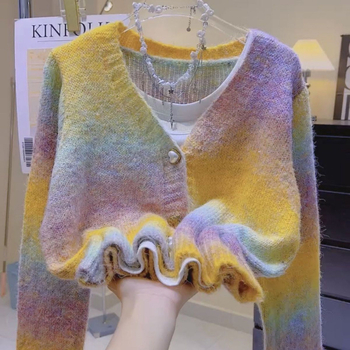 Gyengéd, öregedésgátló, szivárványos színátmenetes pulóverkabát, női 2024-es őszi és téli robbanások, szerelem gombos, V-nyakú, hosszú ujjú kardigán, divatos