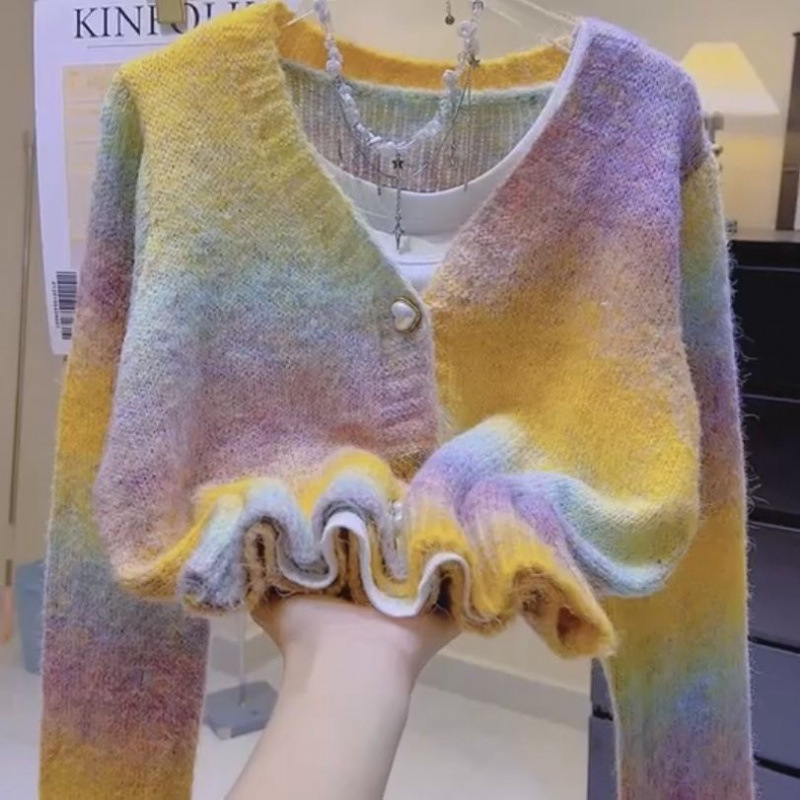 Gyengéd, öregedésgátló, szivárványos színátmenetes pulóverkabát, női 2024-es őszi és téli robbanások, szerelem gombos, V-nyakú, hosszú ujjú kardigán, divatos