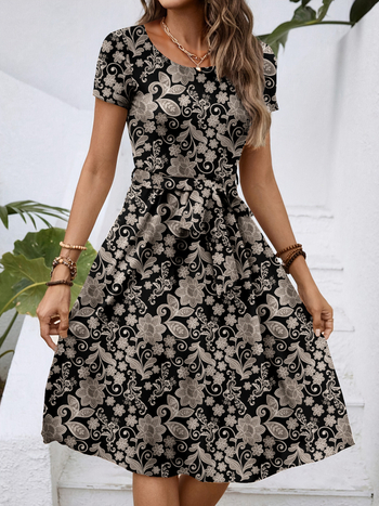 Európai és amerikai határokon átnyúló Amazon Temu divatos divatos, elegáns, kerek nyakú, rövid ujjú, derékig érő, teljes testes, mintás, középhosszú ruha