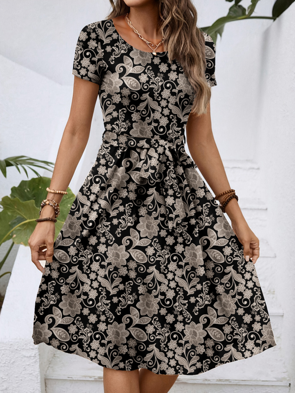 Európai és amerikai határokon átnyúló Amazon Temu divatos divatos, elegáns, kerek nyakú, rövid ujjú, derékig érő, teljes testes, mintás, középhosszú ruha
