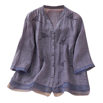 2919#2023 Tavaszi és nyári új varrású, ramie mintás, frissen hímzett, V-nyakú, elegáns, rövid temperamentumos női felső