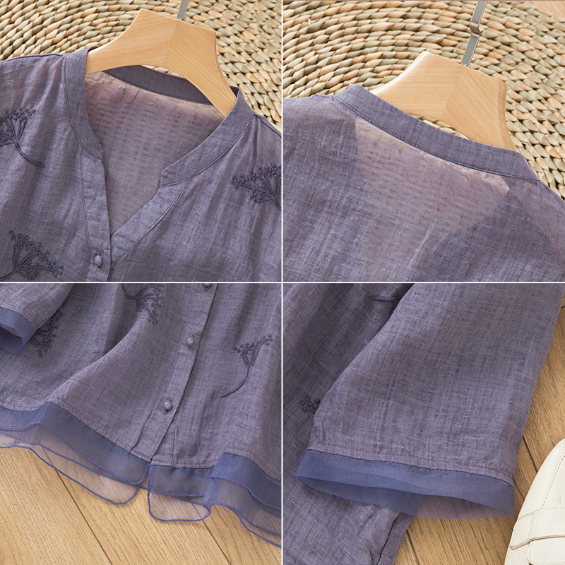 2919#2023 Tavaszi és nyári új varrású, ramie mintás, frissen hímzett, V-nyakú, elegáns, rövid temperamentumos női felső