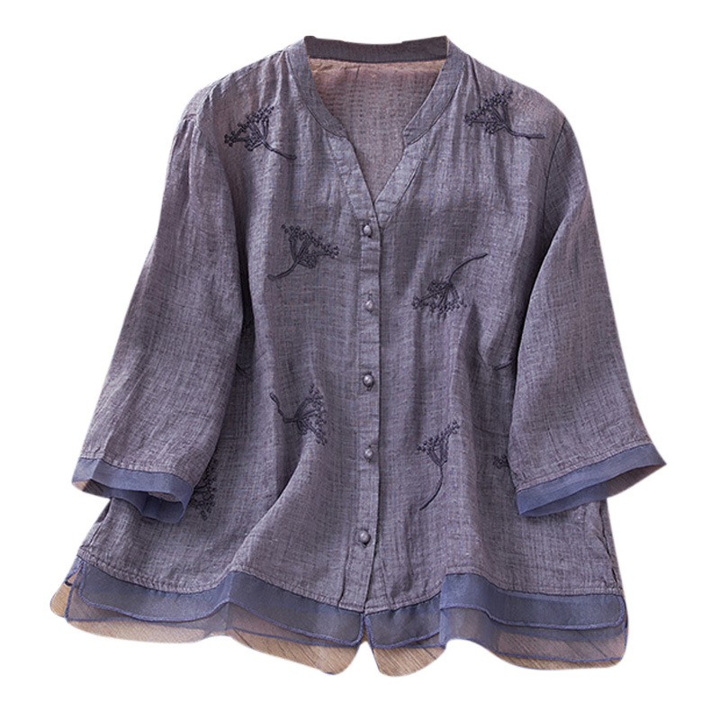 2919#2023 Tavaszi és nyári új varrású, ramie mintás, frissen hímzett, V-nyakú, elegáns, rövid temperamentumos női felső