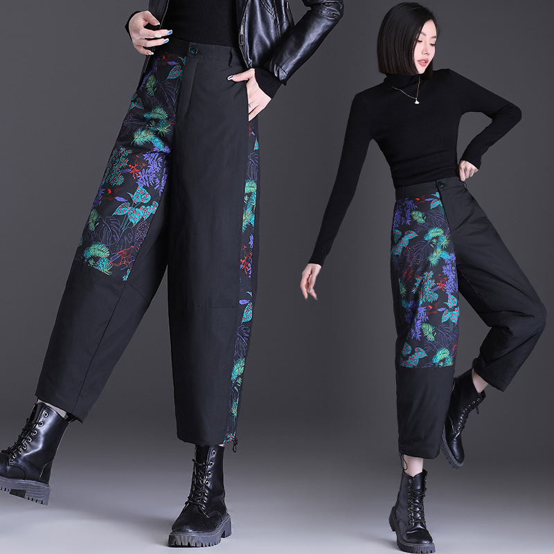Real-shot Artistic Floral Down Pants Women Winter 2022 Loose Walkers Large Size Rifle Pants Tople Pants