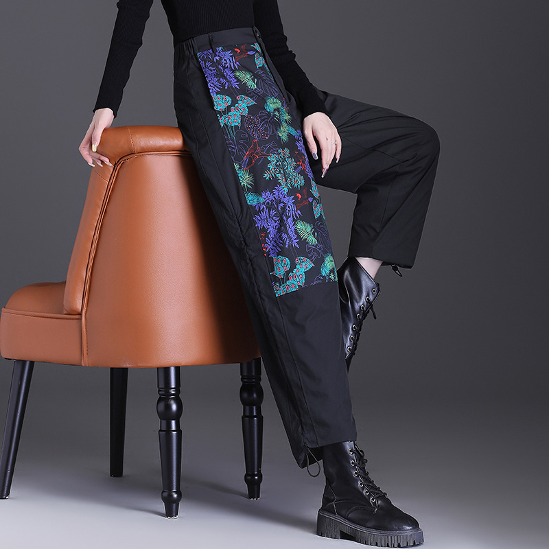 „Real-shot“ meniškos gėlėtos pūkinės moteriškos 2022 m. žiemos laisvos, raišteliu surišamos, didelio dydžio tiesios kelnės, šiltos kelnės