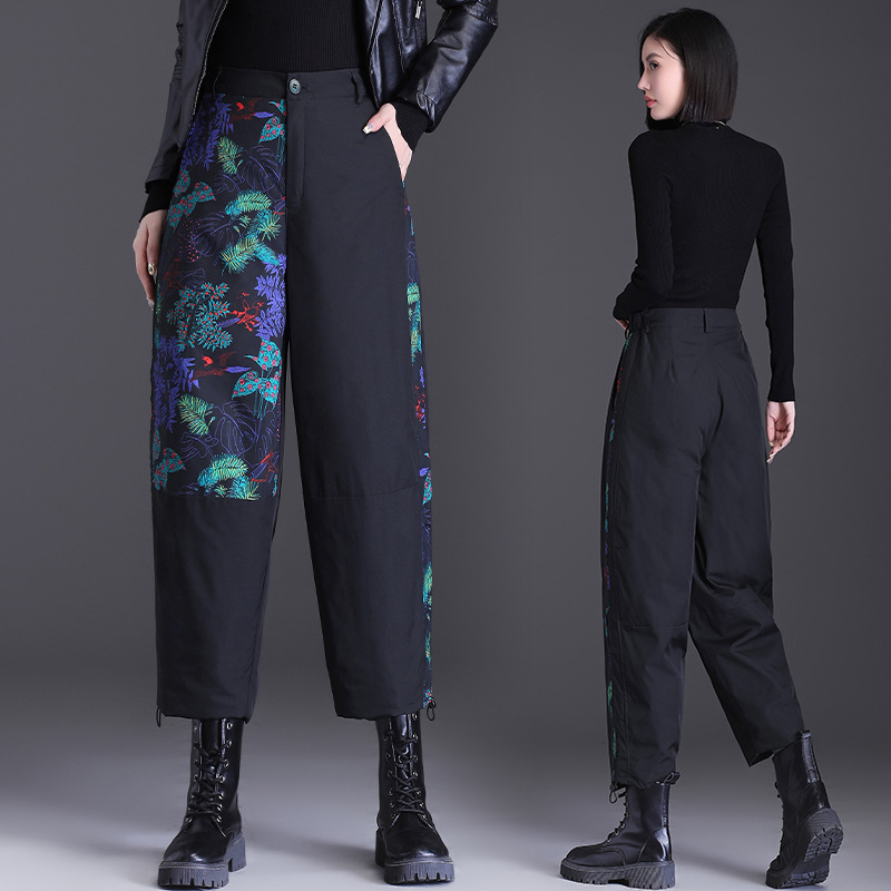 „Real-shot“ meniškos gėlėtos pūkinės moteriškos 2022 m. žiemos laisvos, raišteliu surišamos, didelio dydžio tiesios kelnės, šiltos kelnės