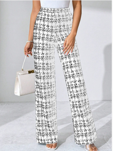 Kockás, magas derekú, egyenes szárú női nadrág, tavasz, nyár, ősz, alkalmi viseletre, különféle alkalmakra, egyenes szárú nadrág, karcsúsító