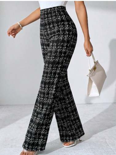 Kockás, magas derekú, egyenes szárú női nadrág, tavasz, nyár, ősz, alkalmi viseletre, különféle alkalmakra, egyenes szárú nadrág, karcsúsító