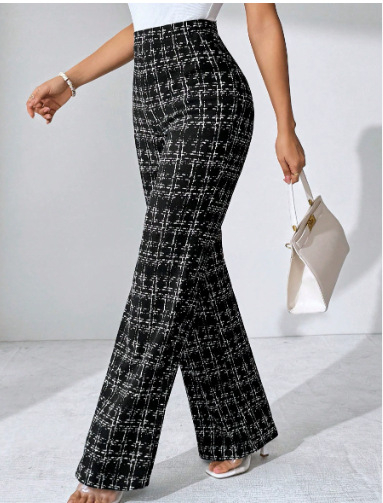 Kockás, magas derekú, egyenes szárú női nadrág, tavasz, nyár, ősz, alkalmi viseletre, különféle alkalmakra, egyenes szárú nadrág, karcsúsító