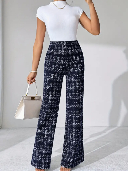 Kockás, magas derekú, egyenes szárú női nadrág, tavasz, nyár, ősz, alkalmi viseletre, különféle alkalmakra, egyenes szárú nadrág, karcsúsító