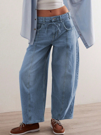 Amerikai stílusú lezser lusta banánnadrág sarló alakú nadrág női mosott kék laza karcsúsító dizájn Sense farmer rövidített nadrág