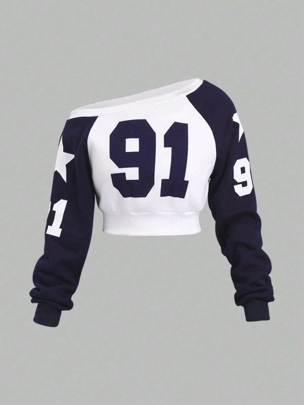 Szexi Spice Girl ferde vállú dizájn, digitális nyomtatású, karcsú szabású, elegáns személyiség, hosszú ujjú felső, nagykereskedelem